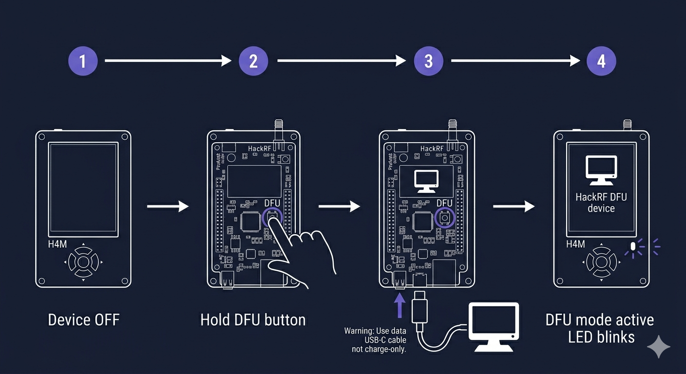 DFU button location on the H4M and the USB-C connection sequence for entering DFU mode