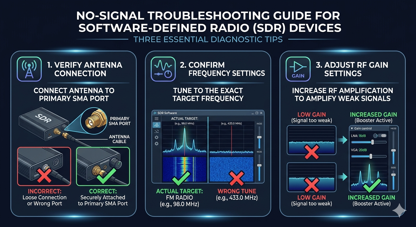 No signals detected checklist: verify antenna is connected, check frequency, open Spectrum to confirm RF activity