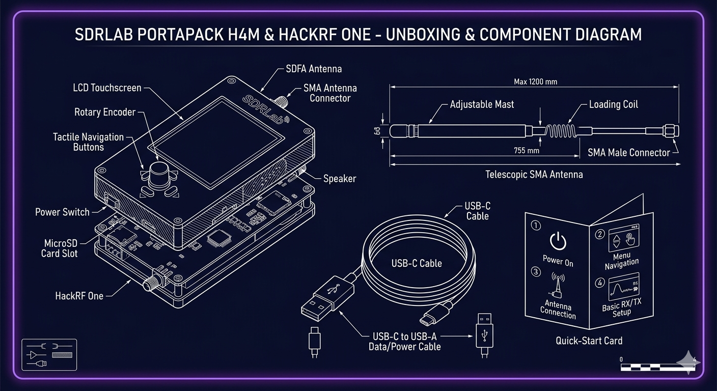 H4M box contents: unit, telescopic antenna, USB-C cable, and quick-start card