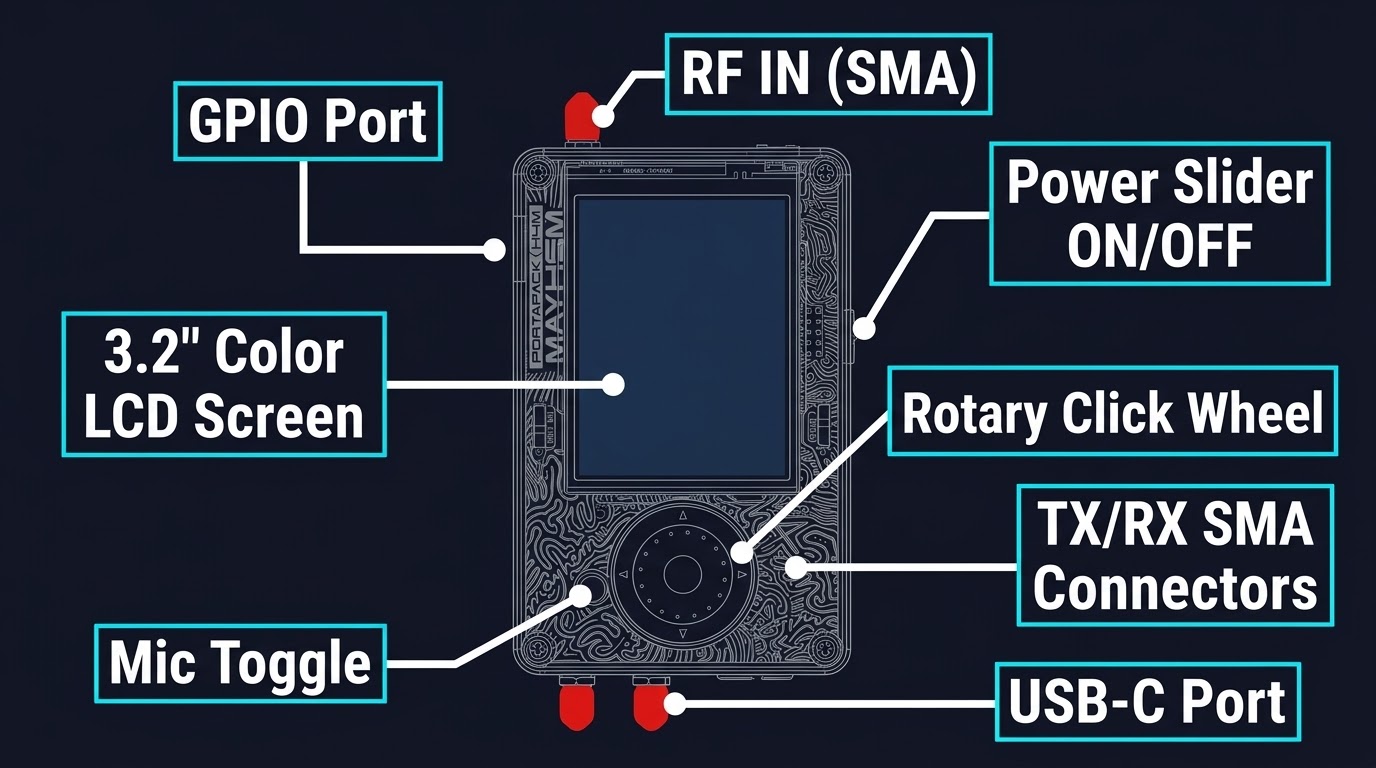 H4M front panel labeled: 3.2-inch LCD screen, flat rotary click wheel, and Back button