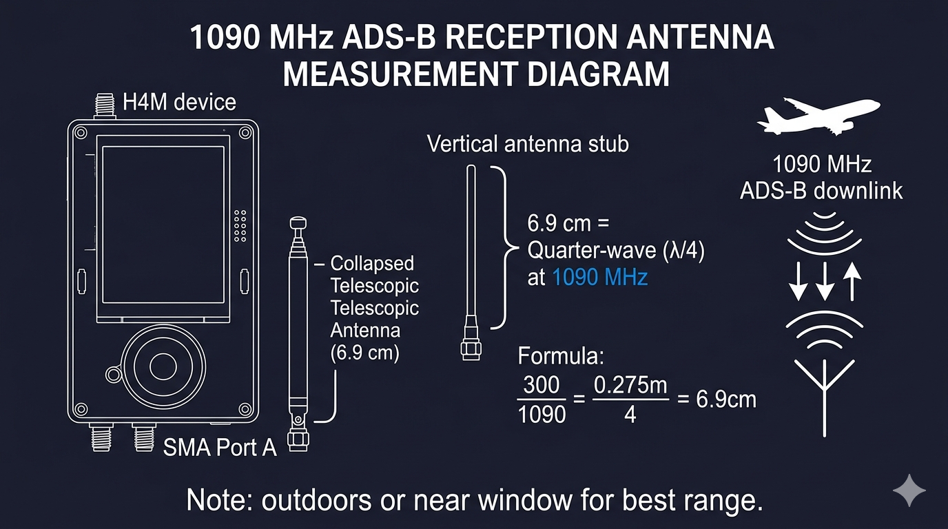 Short stub antenna approximately 6.5 cm long for optimal 1090 MHz ADS-B reception