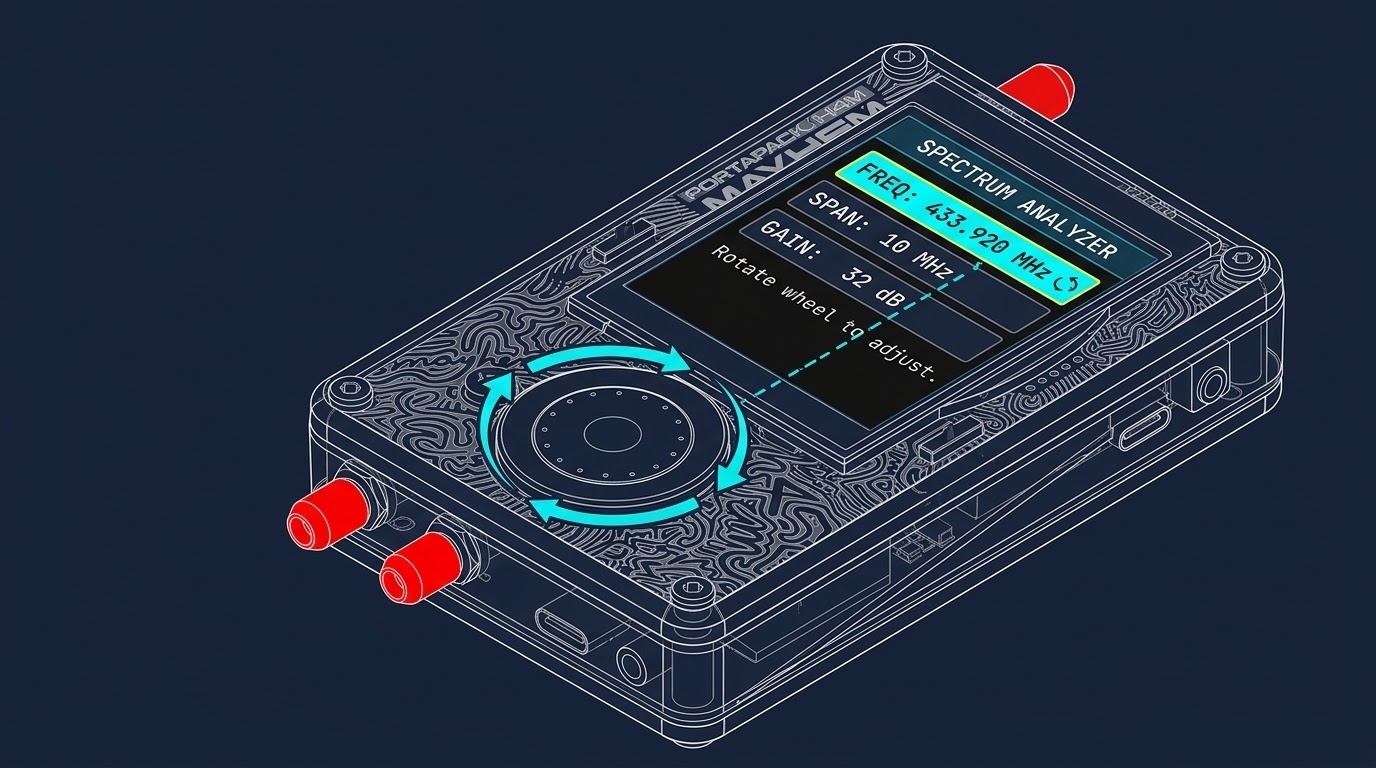 Spectrum app centre frequency and span fields being adjusted with the rotary encoder