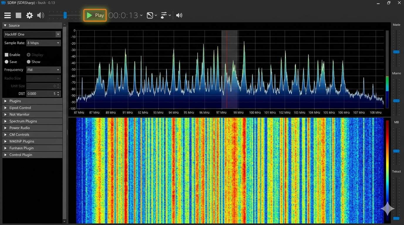 SDR# waterfall display showing FM broadcast spectrum with HackRF One selected as source